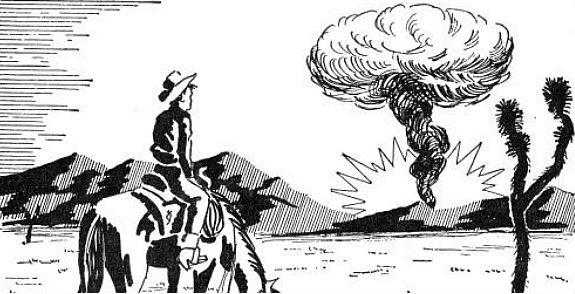 Cowboy observing a nuclear blast on the horizon